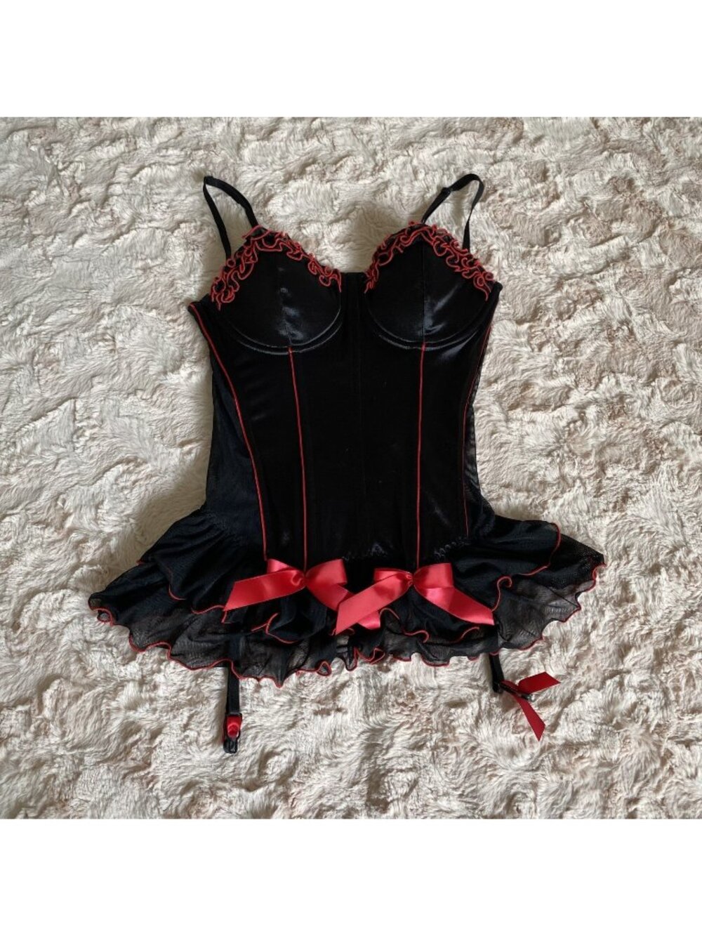 VTG Frederick's of Hollywood 36 Lace Garter Corset Top Lingerie Black Red Bow